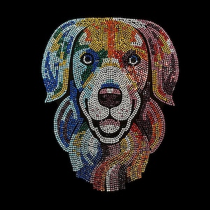 Puede incluir: Un diseño de cabeza de perro de color con brillantes de imitación. El pelo del perro está hecho de brillantes de imitación en tonos de azul, verde, rojo, naranja, amarillo y rosa.
