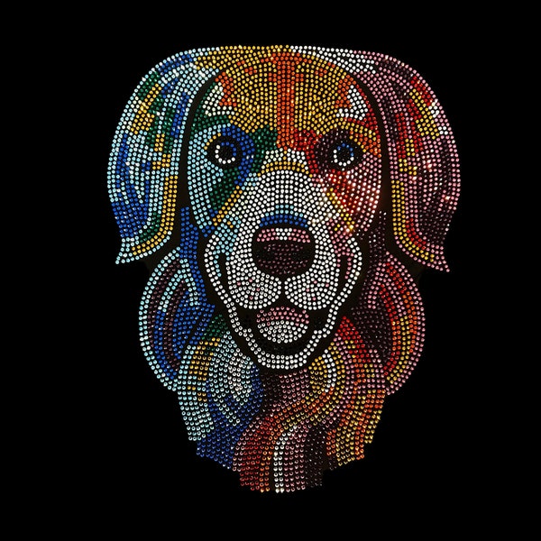 Cute dog rhinestone transfer , iron on cute dog patch , heat transfer dog applique , colorful dog transfer , bling dog transfer, bling on