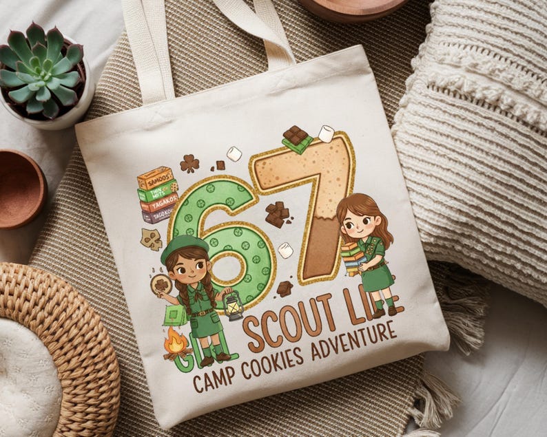 May include: Cream-colored tote bag featuring a colorful illustration with the text "67 Scout Life Camp Cookies Adventure." The design includes cartoon figures of Girl Scouts, cookies, marshmallows, and chocolate bars. The bag has two cream-colored handles.