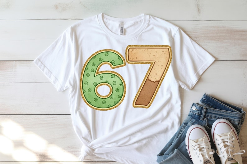 May include: White t-shirt featuring the number 67 in a decorative style. The number 6 is green with a pattern of small circles, while the 7 is tan with a brown base. Both numbers have a gold glitter outline.