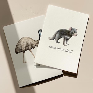 May include: Two cream-colored cards with watercolor illustrations of Australian animals. One card features an emu, and the other a Tasmanian devil. The text "emu" and "tasmanian devil" are printed on the cards.