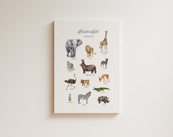 Safari Animal Learning Poster | Montessori Printable Wall Art | Preschool Safari Chart | African Animals PDF for Toddlers
