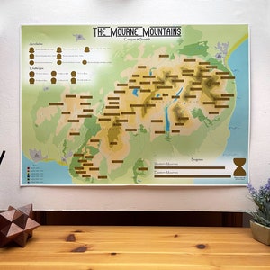 May include: A brown and tan map of the Mourne Mountains in Northern Ireland. The map is titled "The Mourne Mountains Conquer to Scratch". The map shows the different peaks and trails in the mountains. There are brown bars along the bottom of the map that show the progress of the user.