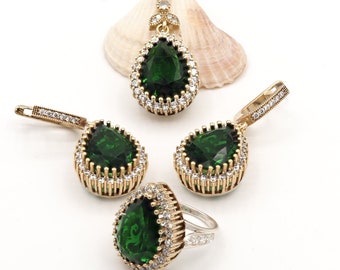 Conjunto de joyas de plata Hurrem Sultan, conjuntos de piedras de esmeralda verde, joyería turca hecha a mano, conjunto de joyas de plata de ley 925K, regalo para mujeres