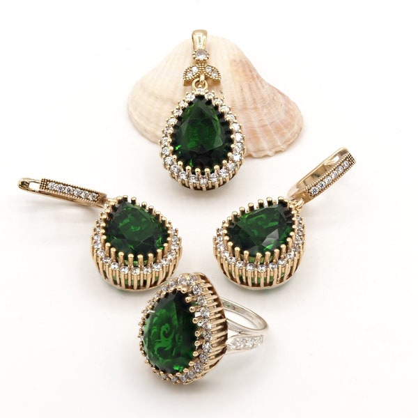 Hurrem sultan silver jewelry set, Green emerald stone sets, Turkish handmade jewelry, 925K sterling silver jewelry Set, Gift for women