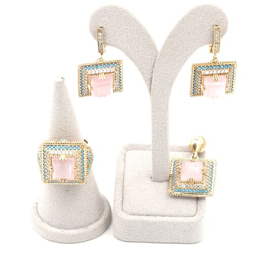 Square Cut Pink shops Moissanite Ottoman Handicraft Silver and Bronze Handmade Jewelry Set-Ring Earrings Pendant •Summer Jewelry Set