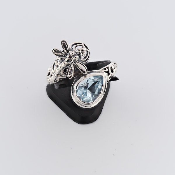 Natural Aquamarine Dragonfly Ring , Aquamarine Filigree Jewelry,March Birthstone,, Anniversary Birthday Gift For Her