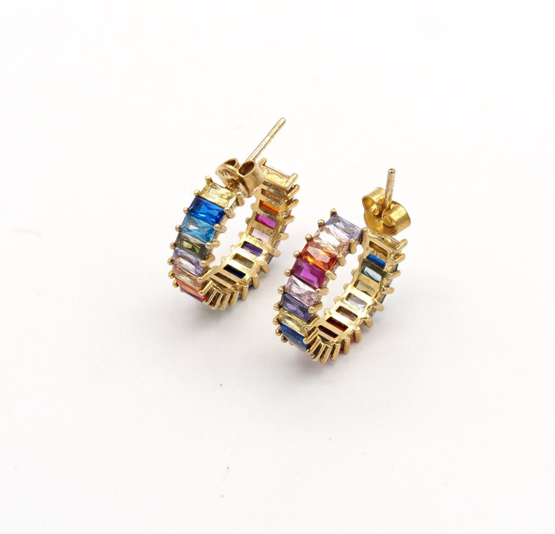 Cubic Zirconia 18ct Gold Plated Sterling order Silver Colourful Baguette Earrings,Silver Rainbow Hoops