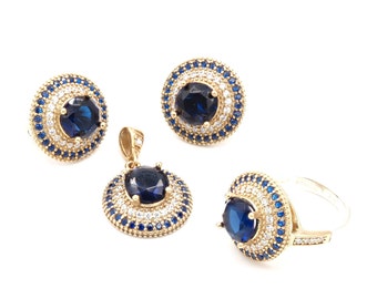 Sapphire Turkish Design Silver and Bronze  Jewelry Small Round Shape Set •Handmade  Navy Blue Saphire Jewelry
