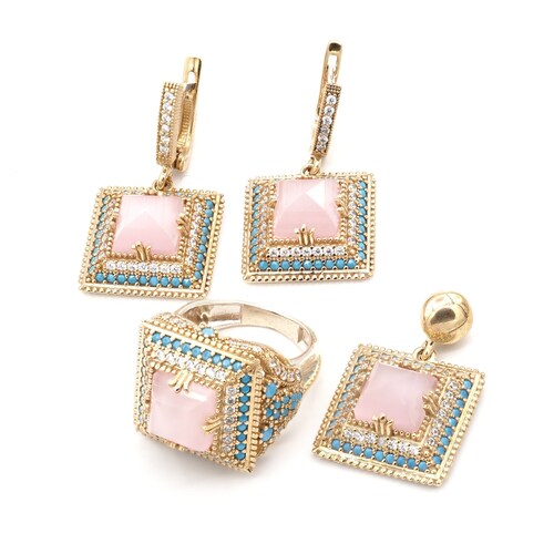 Square Cut Pink shops Moissanite Ottoman Handicraft Silver and Bronze Handmade Jewelry Set-Ring Earrings Pendant •Summer Jewelry Set
