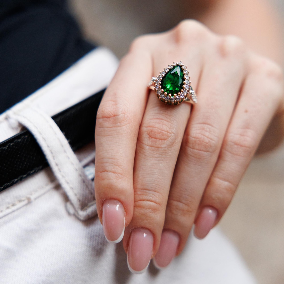 Broche Porcelaine Grosse Bague Rhodiu00e9 Princesse Marquise Vert