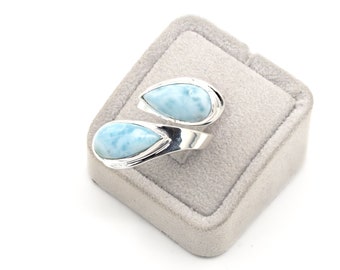 Natural Larimar Two Stone Silver Ring , Pear Gemstone Handmade Adjustable Ring , Blue Stone Ring