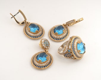 Conjunto de joyas de aguamarina azul océano - Plata de ley y bronce hechos a mano