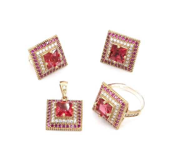 Turkish Handmade Ruby Square Shape Silver and Bronze Jewelry - Etsy