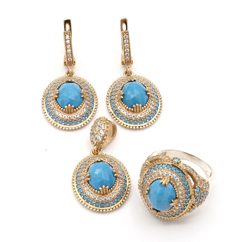 Turquoise Jewelry Silver and bronze set Handmade Earrings Pendant Ring ,Gift for shops her ,Wedding gifts,Summer Jewelry