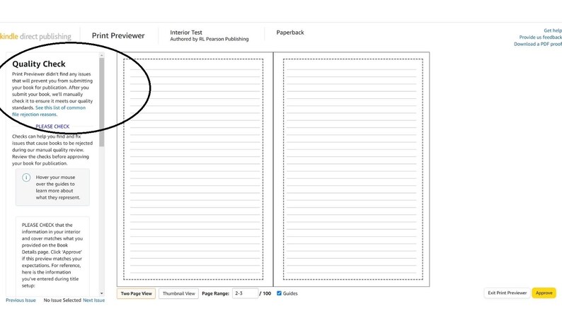 May include: A screenshot of a Kindle Direct Publishing page showing a quality check section with a list of common rejection reasons. The page also shows a preview of a book interior with lined pages.