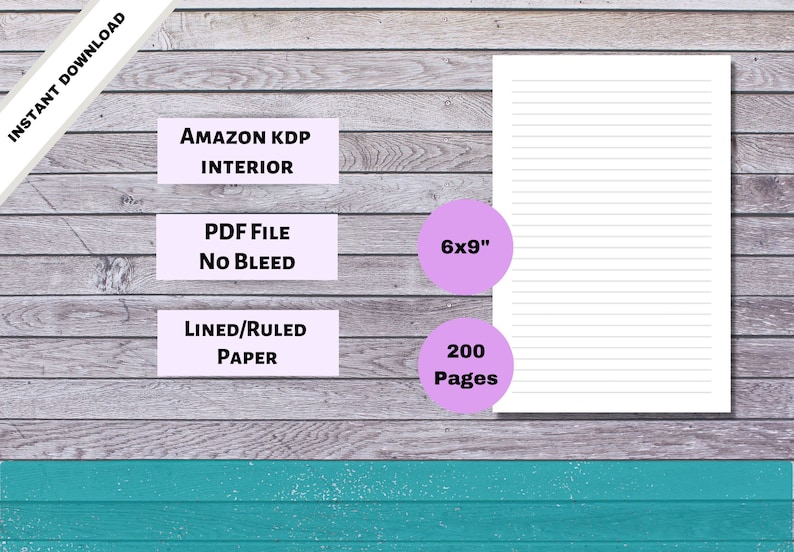 May include: A digital download of 200 lined pages in a 6x9 inch PDF file for use in Amazon KDP book interiors. The file is formatted for no bleed.