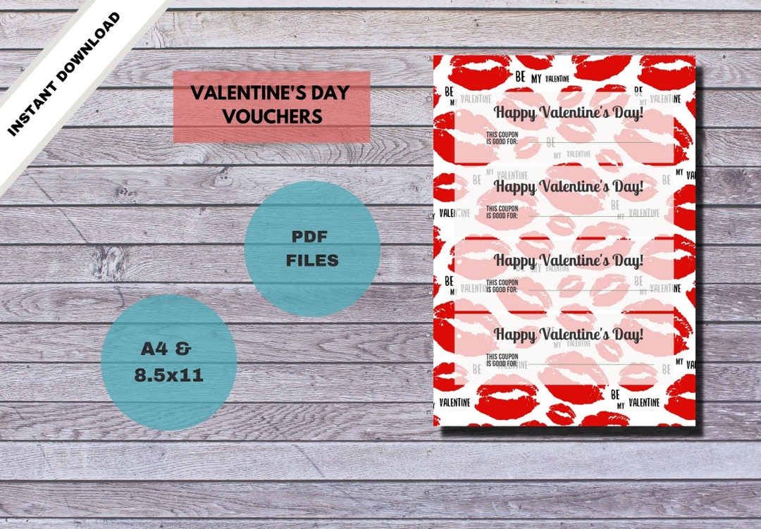 4 Valentines Day Vouchers Printable Coupon Printable Vouchers 8 5x11 And A4 Last Minute