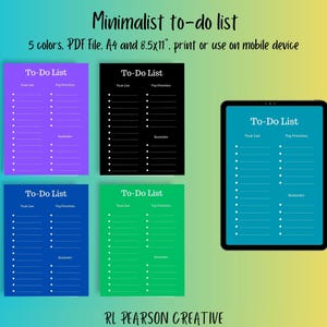 Puede incluir: Un diseño de lista de tareas minimalista en cinco colores: morado, negro, azul, verde y turquesa. El texto "Minimalist to-do list" está en la parte superior, con instrucciones para imprimir o usar en un dispositivo móvil. El diseño incluye secciones para listas de tareas, prioridades y recordatorios.