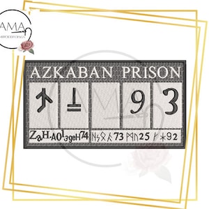 May include: A black and white prison ID card with the text "Azkaban Prison" and the number "193". The card also has a series of symbols and numbers below the text.