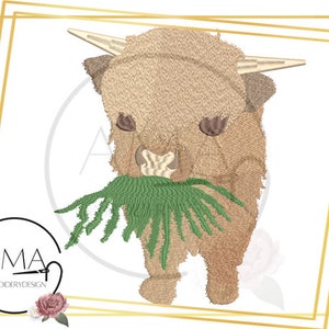 May include: Embroidered design of a brown Highland cow with a green leafy sprig in its mouth. The cow is standing on a white background.