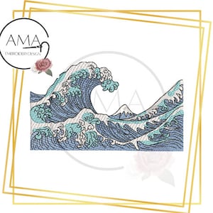 The Great Wave off Kanagawa coloured machine embroidery  - Art Inspired embroidery design - 3 sizes
