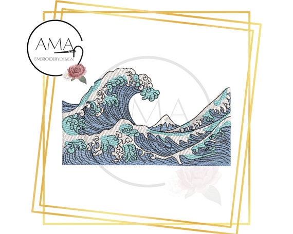 The Great Wave off Kanagawa coloured machine embroidery  - Art Inspired embroidery design - 3 sizes