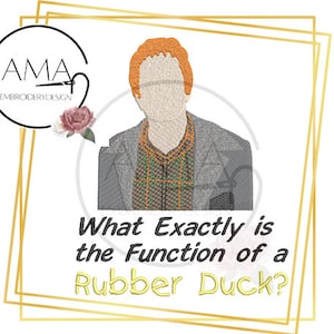Könnte beinhalten: Eine gestickte Darstellung einer Comicfigur mit roten Haaren und einem karierten Hemd. Der Text "What Exactly is the Function of a Rubber Duck?" befindet sich unter der Figur.