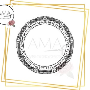 May include: A black and white line drawing of a circular Stargate, a fictional device from the TV show Stargate SG-1. The Stargate is a circular portal that allows travel between planets.