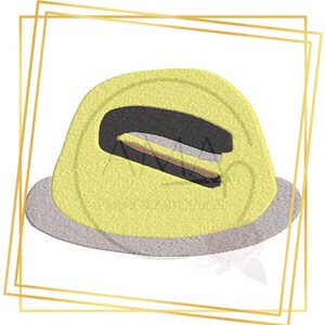 May include: Yellow and grey stapler with a black handle. The stapler is shaped like a hat.