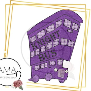 May include: Purple and black embroidered design of the Knight Bus from the Harry Potter series. The bus is three stories tall and has the words "Knight Bus" written on the side.