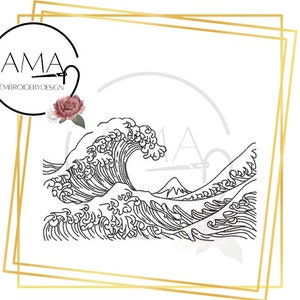May include: A black and white line art embroidery design of a large wave crashing against a rocky shore. The design is perfect for adding a touch of nature to any project.