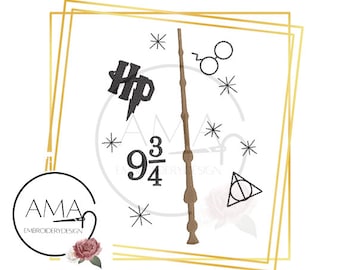 HP Glasses star and wand embroidery design - Wizarding School for witches and wizards inspired Collection