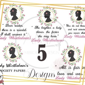 Könnte beinhalten: Fünf Stickmuster mit Zitaten aus dem Buch "Lady Whistledown's Society Papers". Jedes Design enthält eine Silhouette einer Frau in einem Kreis mit rosa Blumen.
