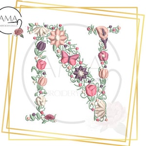 Unique Flower Alphabet - Instant Download Machine Embroidery Design - Letter N