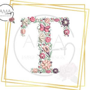 Unique Flower Alphabet - Instant Download Machine Embroidery Design - Letter T
