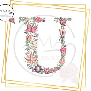 Unique Flower Alphabet - Instant Download Machine Embroidery Design - Letter U