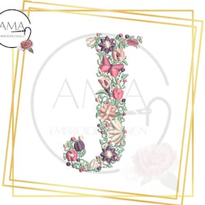 Alfabeto de flores único - Diseño de bordado de máquina de descarga instantánea - Letra J
