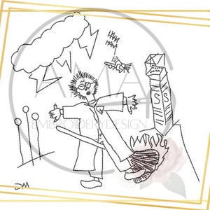 May include: A black and white line drawing of a person in a lab coat, glasses, and a wand, reacting to a storm cloud and a falling object. The word "HAHA" is written above the falling object. A building with the letters "SS" is also in the image.