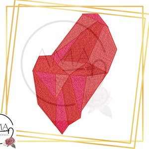 May include: A red geometric heart shape with a textured, embroidered look. The heart is made up of many small triangles and is a bright, vibrant red.