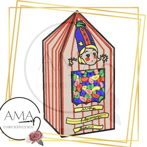 May include: A colorful, striped, candy-themed house with a whimsical character peeking out the window. The house has a sign that reads "Every Flavor Beans".