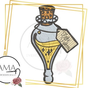 May include: A yellow and gold potion bottle with a cork stopper and a tag that reads "Felix Felicis".