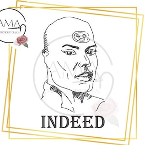 May include: Black and white line art illustration of a person's face with a symbol on their forehead. The text "INDEED" is below the image.