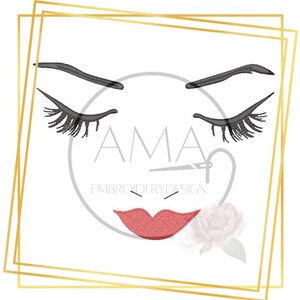 May include: A black and white embroidery design of a woman's face with closed eyes, eyelashes, and a red lip. The design is framed in a gold square.