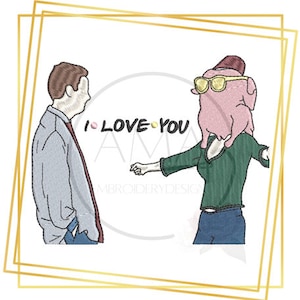 May include: An embroidered design featuring two cartoon figures. One figure is a man in a gray jacket and the other is a turkey wearing sunglasses. The text "I LOVE YOU" is in the center. The design is framed by a gold border.