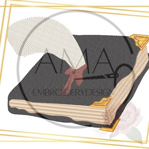 May include: A black leather-bound journal with gold accents and a white feather quill pen. The journal has a decorative clasp and is closed.