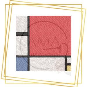 May include: A digital art print of a geometric abstract painting with red, blue, yellow, and white squares.