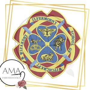 May include: A circular embroidered patch with a red, yellow, and blue design. The patch features the words "Ilvermorny School of Witchcraft & Wizardry" and four symbols: a bird, a snake, a wampus cat, and a horned serpent.