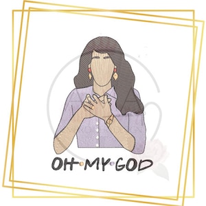 Può includere: Un disegno ricamato raffigurante una donna con i capelli castani, che indossa una camicia viola con colletto e un orologio d'oro. Il testo "OH MY GOD" è sotto l'immagine, con una cornice dorata intorno al disegno.