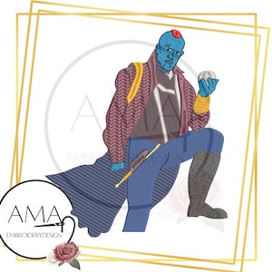 May include: Embroidered design of a blue-skinned character with a red mohawk, wearing a purple and brown jacket, holding a silver orb. The character is standing with one leg bent and the other straight, with a brown boot on the bent leg.